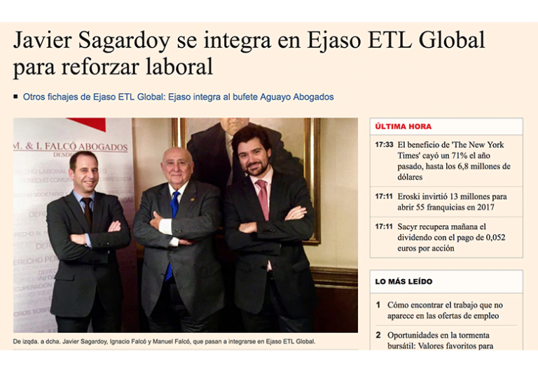 Javier Sagardoy se una a EJASO ETL GLOBAL para reforzar el área laboral. – Abril 2017