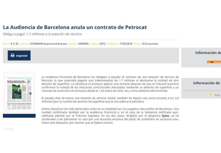 La Audiencia de Barcelona anula un contrato de Petrocat – Febrero 2018