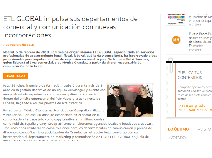 ETL GLOBAL impulsa sus departamentos de comercial y comunicación con nuevas incorporaciones – Febrero 2018