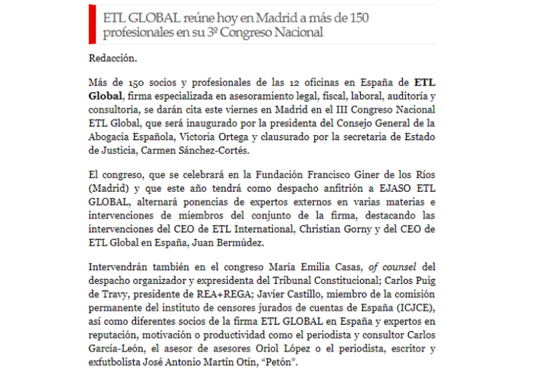 ETL GLOBAL reúne hoy a más de 150 profesionales en su 3º Congreso Nacional. – Mayo 2017