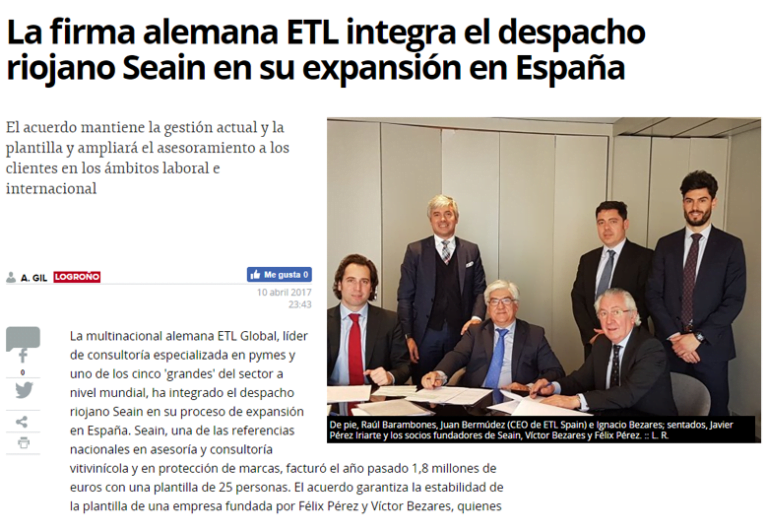 La firma alemana ETL integra al despacho riojano Seain en su expansión en España. – Abril 2017