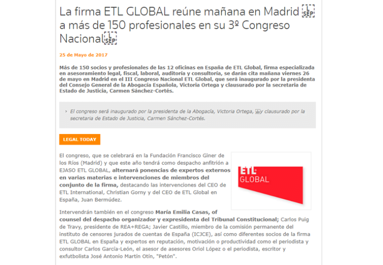 La firma ETL GLOBAL reúne mañana en Madrid a más de 150 profesionales en su 3º Congreso Nacional. – Mayo 2017