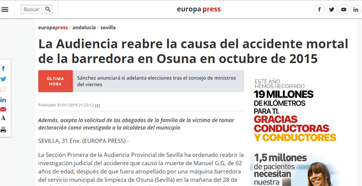 La Audiencia reabre la causa del accidente mortal de la barredora en Osuna en octubre de 2015